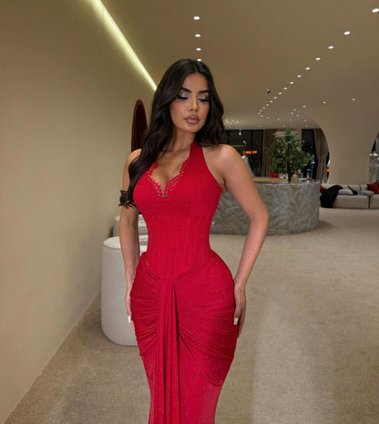 Red Halter Sleeveless Sequins Mermaid Floor-Length Prom Dress