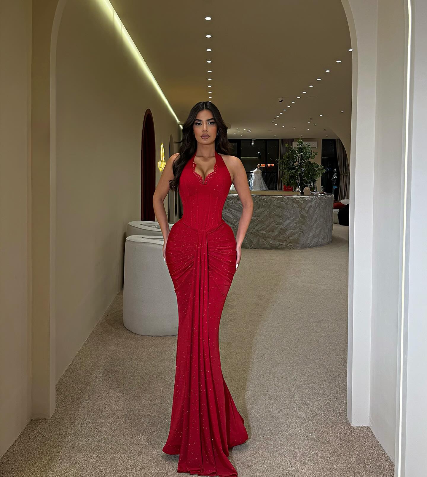 Red Halter Sleeveless Sequins Mermaid Floor-Length Prom Dress