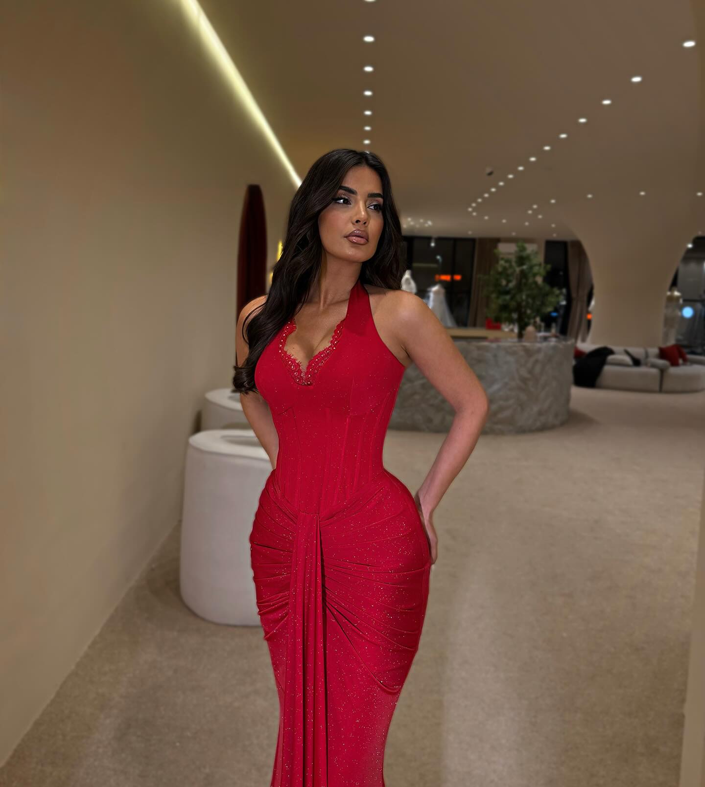 Red Halter Sleeveless Sequins Mermaid Floor-Length Prom Dress