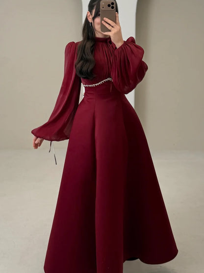 High Neck Long Sleeve Beaded A-Line Formal Evening Dress