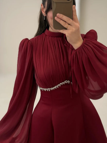 High Neck Long Sleeve Beaded A-Line Formal Evening Dress