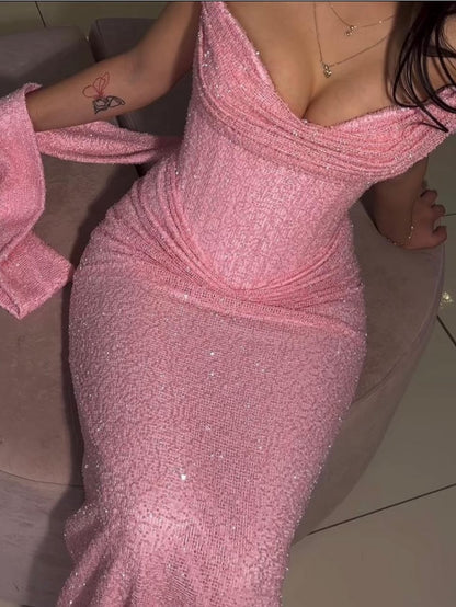 Pink One Shoulder Sleeveless Sequins Mermaid Floor-Length Evening Dress