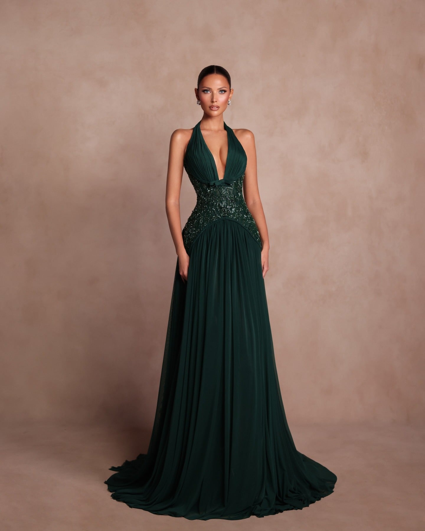 Halter V-Neck Strapless Sleeveless High-Waisted Long A-Line Evening Dress With Sequins And Pleated