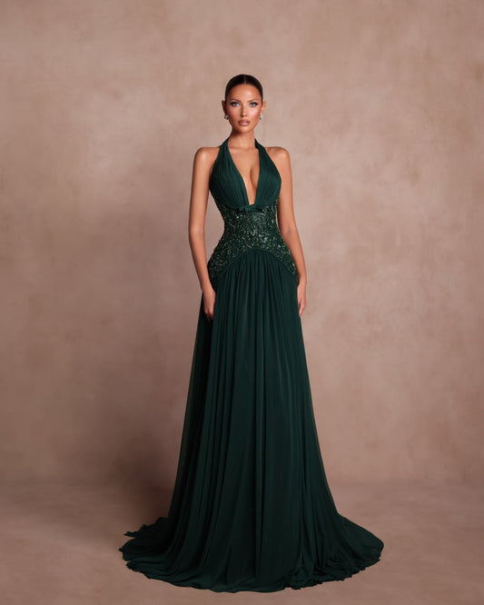 Halter V-Neck Strapless Sleeveless High-Waisted Long A-Line Evening Dress With Sequins And Pleated