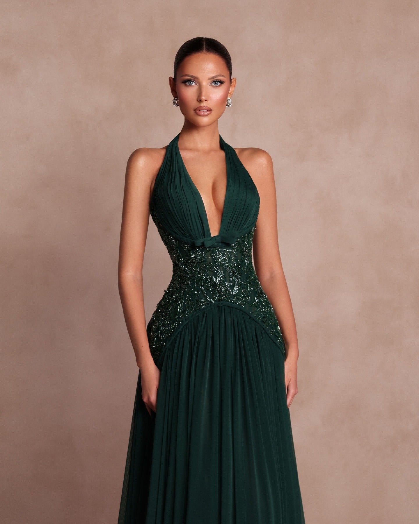 Halter V-Neck Strapless Sleeveless High-Waisted Long A-Line Evening Dress With Sequins And Pleated