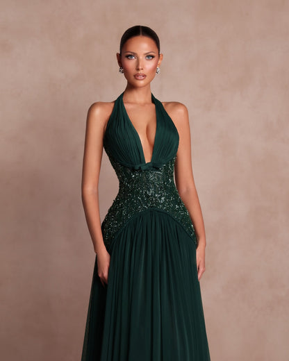 Halter V-Neck Strapless Sleeveless High-Waisted Long A-Line Evening Dress With Sequins And Pleated