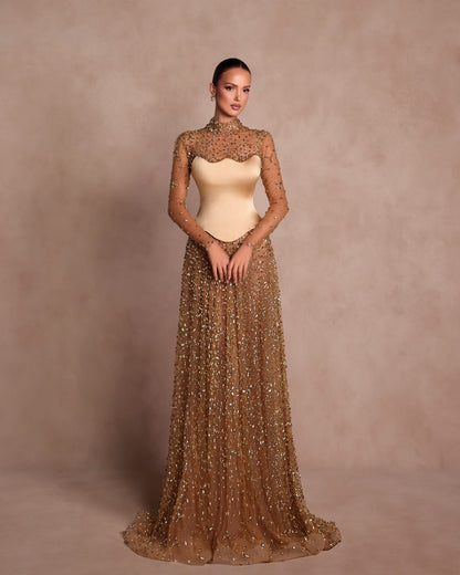 Satin And Tulle High Neck Long Sleeves High-Waisted Long A-Line Evening Dress With Rhinstone