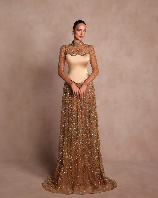 Satin And Tulle High Neck Long Sleeves High-Waisted Long A-Line Evening Dress With Rhinstone