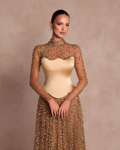 Satin And Tulle High Neck Long Sleeves High-Waisted Long A-Line Evening Dress With Rhinstone