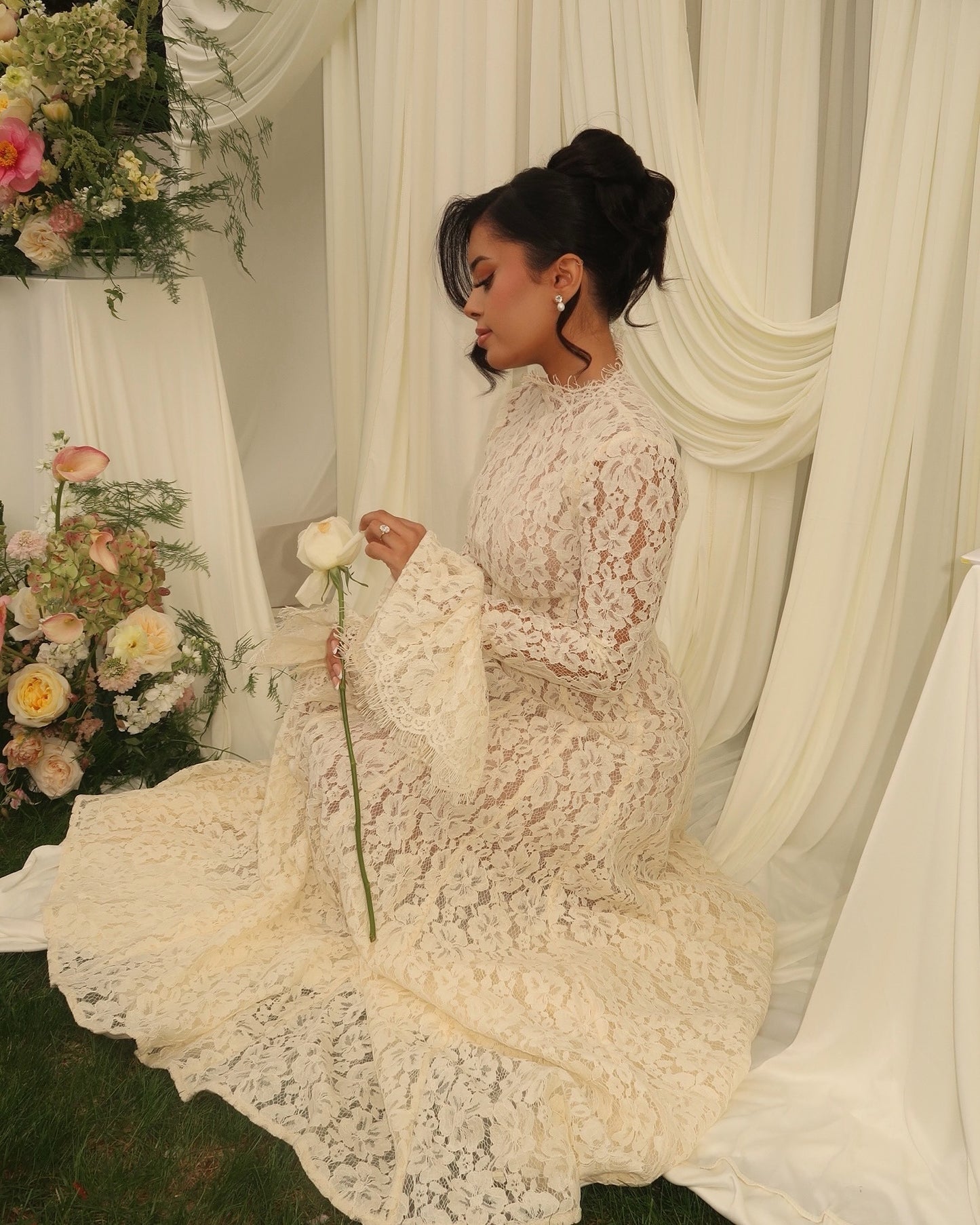 Lace Ruffles Long Sleeve A-Line Floor-Length Wedding Dress