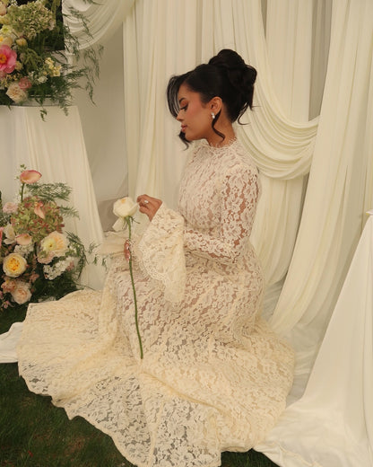 Lace Ruffles Long Sleeve A-Line Floor-Length Wedding Dress