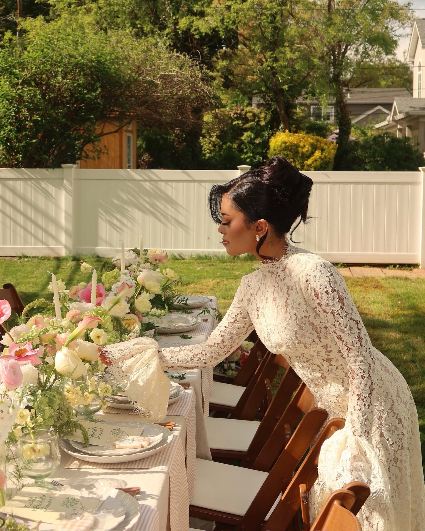 Lace Ruffles Long Sleeve A-Line Floor-Length Wedding Dress
