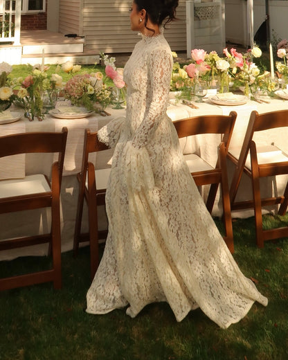 Lace Ruffles Long Sleeve A-Line Floor-Length Wedding Dress