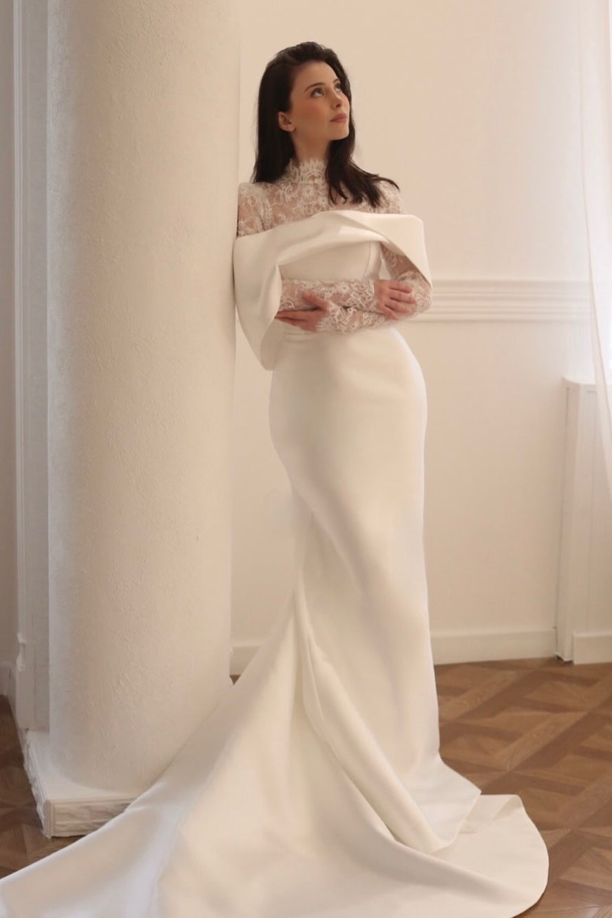 Mermaid Lace Long Sleeve High Neck Floor-Length Wedding Dress