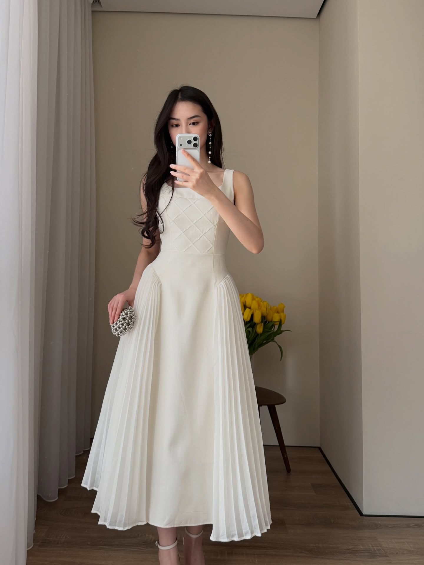 Square Neck Sleeveless A-Line Tea-Length Evening Dress