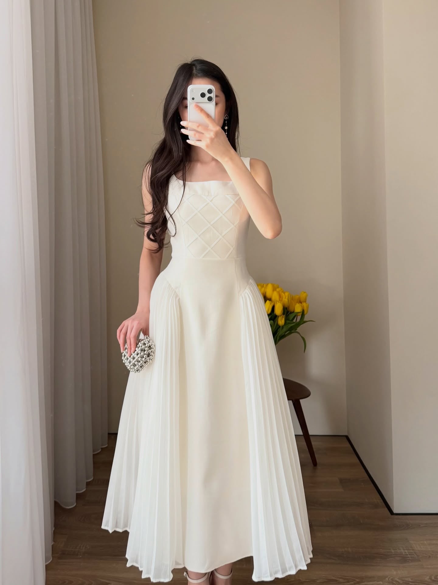Square Neck Sleeveless A-Line Tea-Length Evening Dress