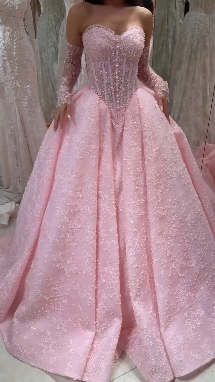 Pink Sweetheart Long Sleeve Lace A-Line Floor-Length Wedding Dress