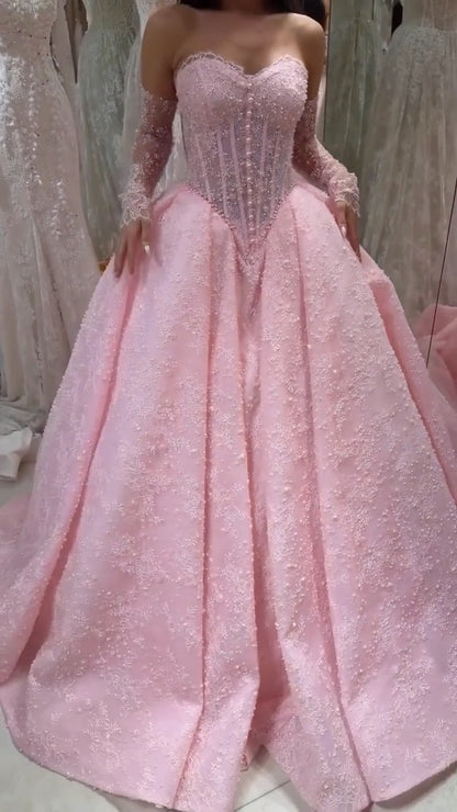 Pink Sweetheart Long Sleeve Lace A-Line Floor-Length Wedding Dress