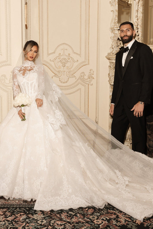 Lace High Neck Long Sleeve A-Line Floor-Length Wedding Dress