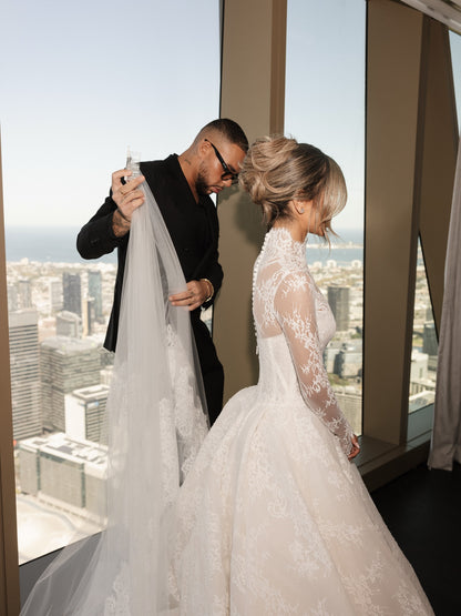 Lace High Neck Long Sleeve A-Line Floor-Length Wedding Dress