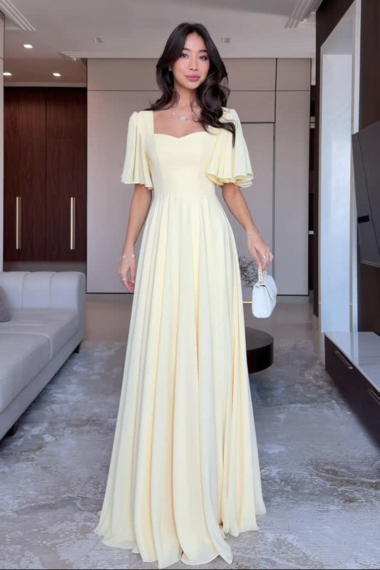 Yellow Square Neck Half Sleeve A-Line Floor-Length Evening Dress