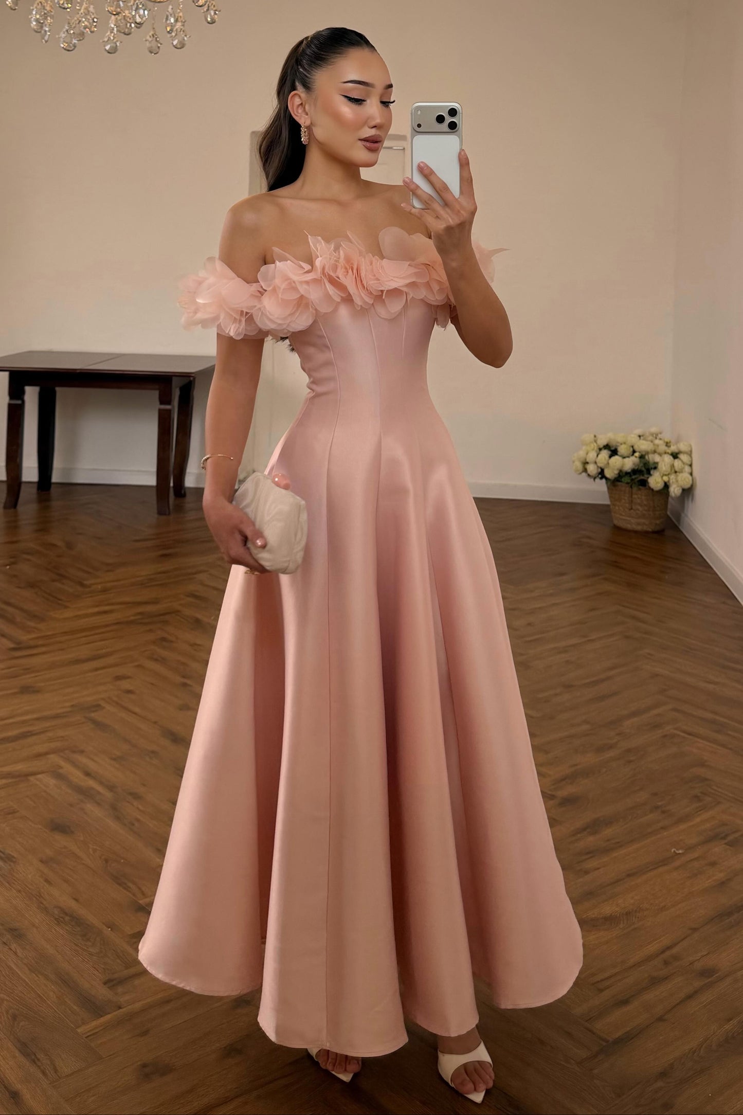 Pink Off the Shoulder Sleeveless Flowers A-Line Ankle-Length Evening Dress