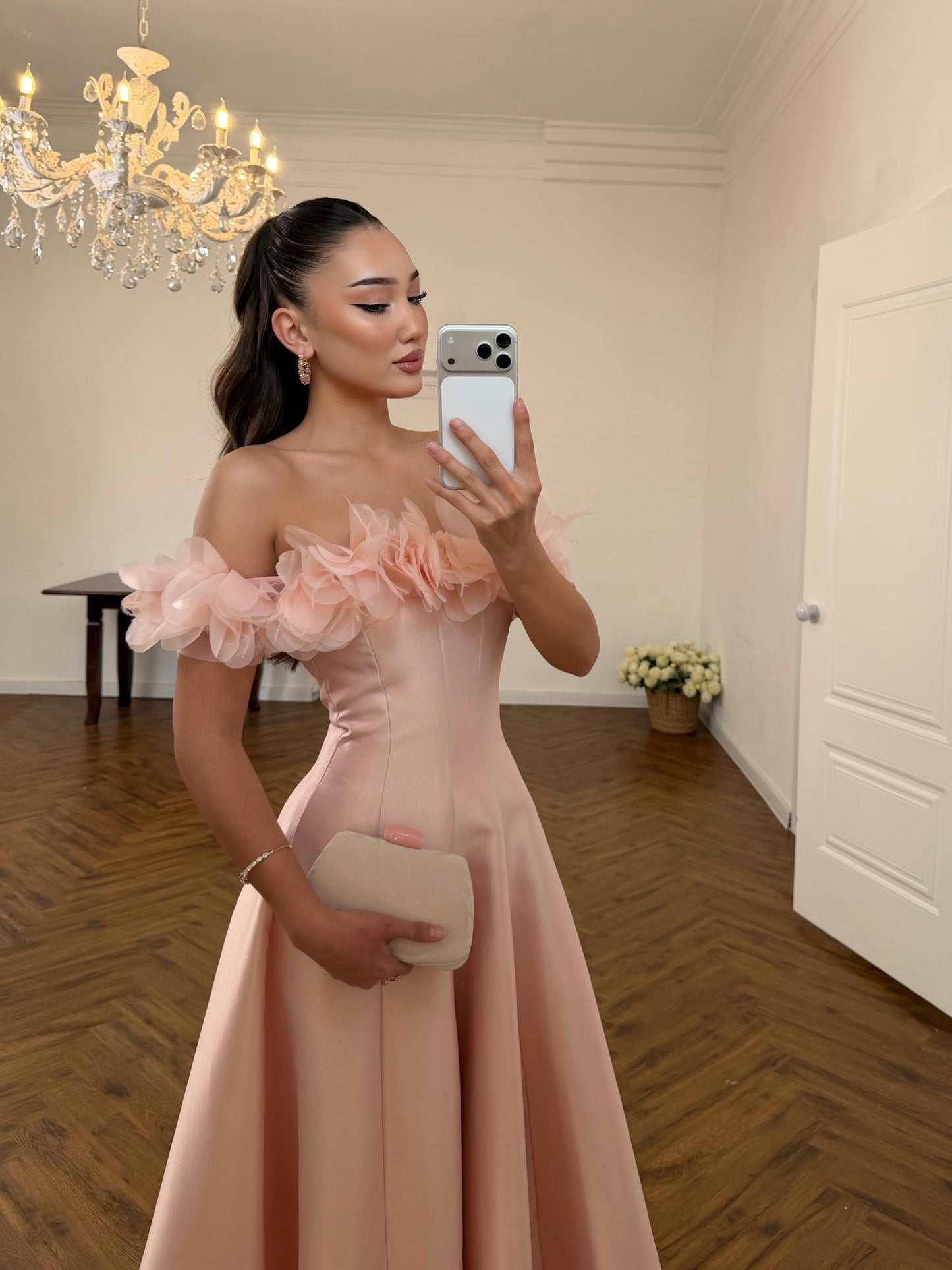 Pink Off the Shoulder Sleeveless Flowers A-Line Ankle-Length Evening Dress