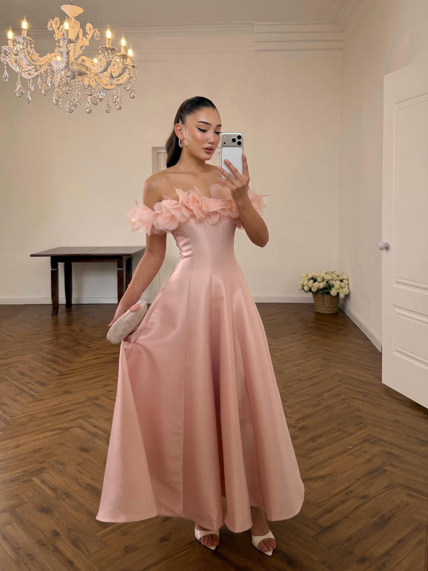 Pink Off the Shoulder Sleeveless Flowers A-Line Ankle-Length Evening Dress