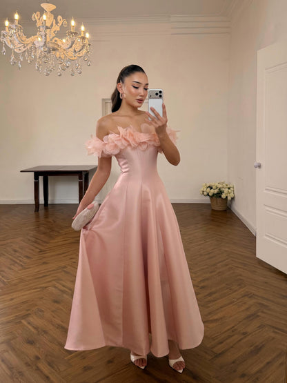 Pink Off the Shoulder Sleeveless Flowers A-Line Ankle-Length Evening Dress
