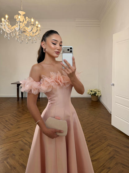 Pink Off the Shoulder Sleeveless Flowers A-Line Ankle-Length Evening Dress