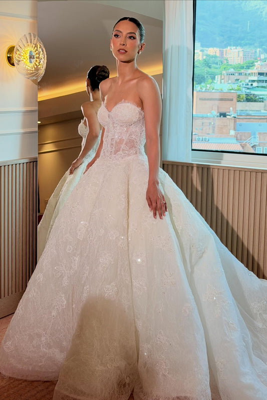 Lace Long Sleeve Sparkle Applique A-Line Floor-Length Wedding Dress