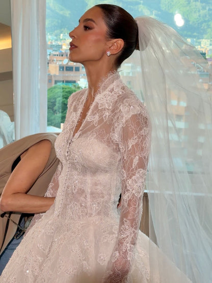 Lace Long Sleeve Sparkle Applique A-Line Floor-Length Wedding Dress
