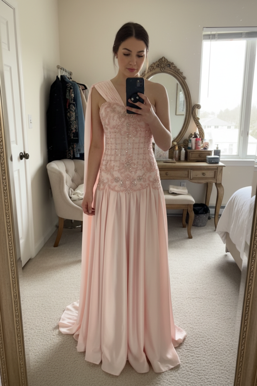 Exquisite Mermaid One Shoulder Pink Chiffon With Silver Beaded Prom Dresses Long Party Prom Gown