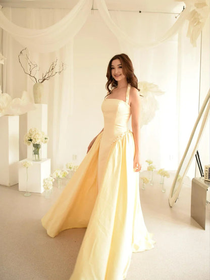 Dreamy Daffodil Halter Sleeveless Pearls Pleated Long Prom Dress