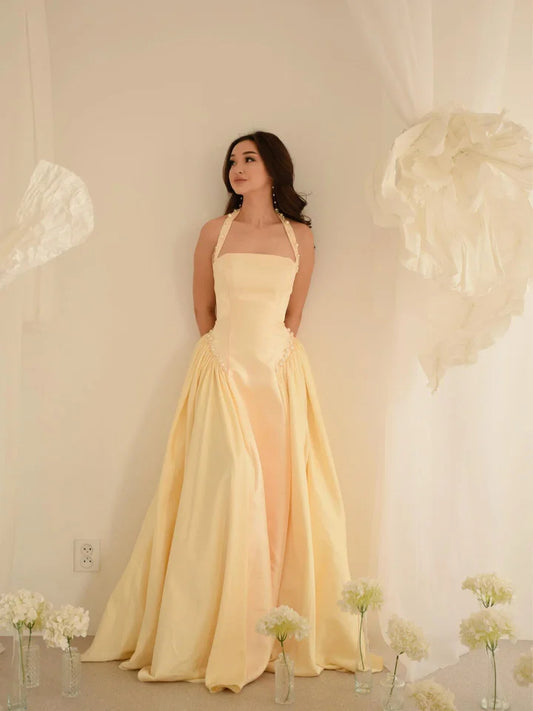 Dreamy Daffodil Halter Sleeveless Pearls Pleated Long Prom Dress