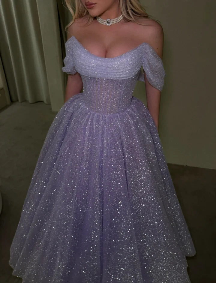 Dreamy Lilac Off-The-Shoulder Pleated A-Line Long Prom Dress