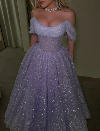 Dreamy Lilac Off-The-Shoulder Pleated A-Line Long Prom Dress