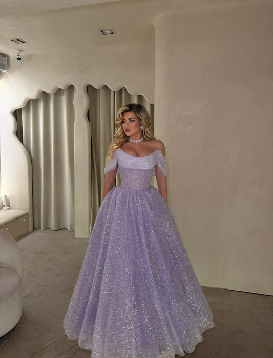 Dreamy Lilac Off-The-Shoulder Pleated A-Line Long Prom Dress