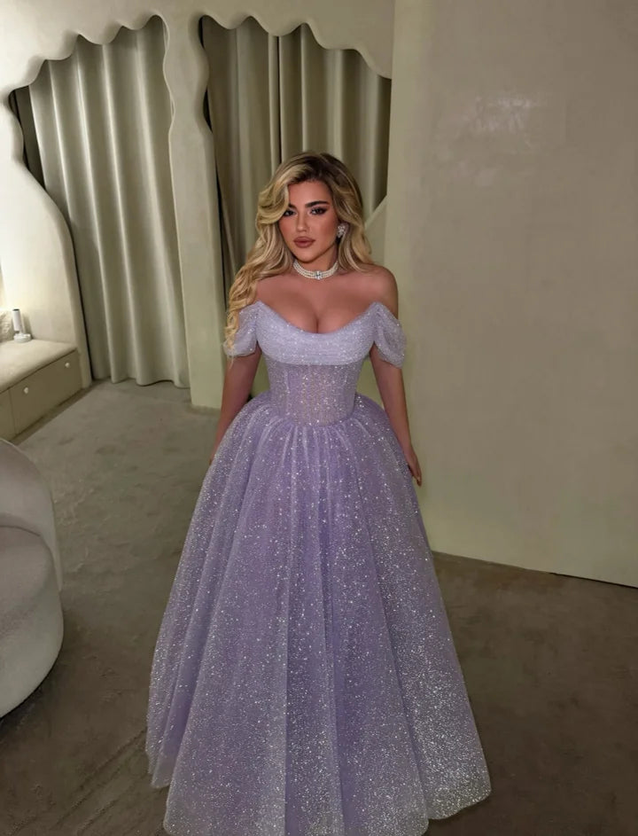 Dreamy Lilac Off-The-Shoulder Pleated A-Line Long Prom Dress