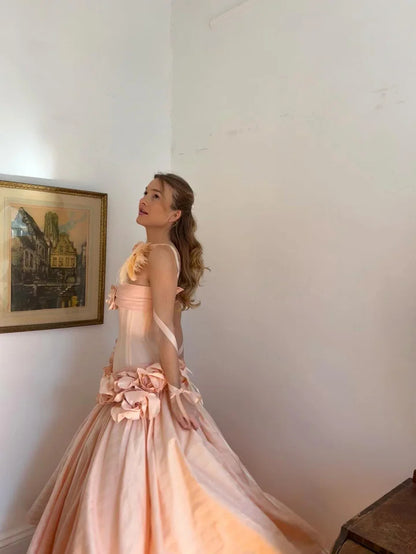 Dreamy Pink Straight Across Sleeveless A-Line Pleated Handmade Flower Evening Dress