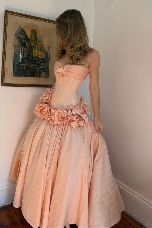 Dreamy Pink Straight Across Sleeveless A-Line Pleated Handmade Flower Evening Dress