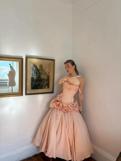 Dreamy Pink Straight Across Sleeveless A-Line Pleated Handmade Flower Evening Dress