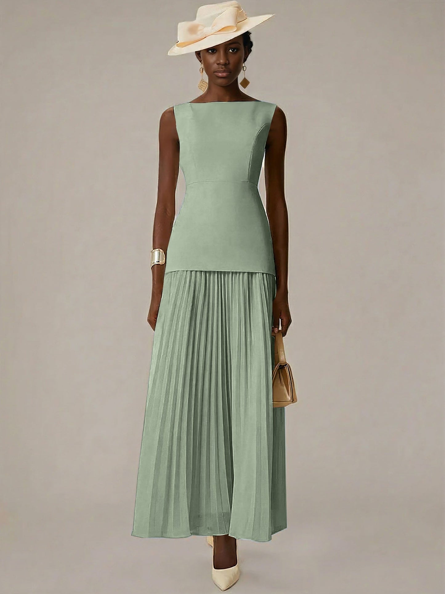 White A Line Chiffon Round Neck Sleeveless Floor Length Dresses