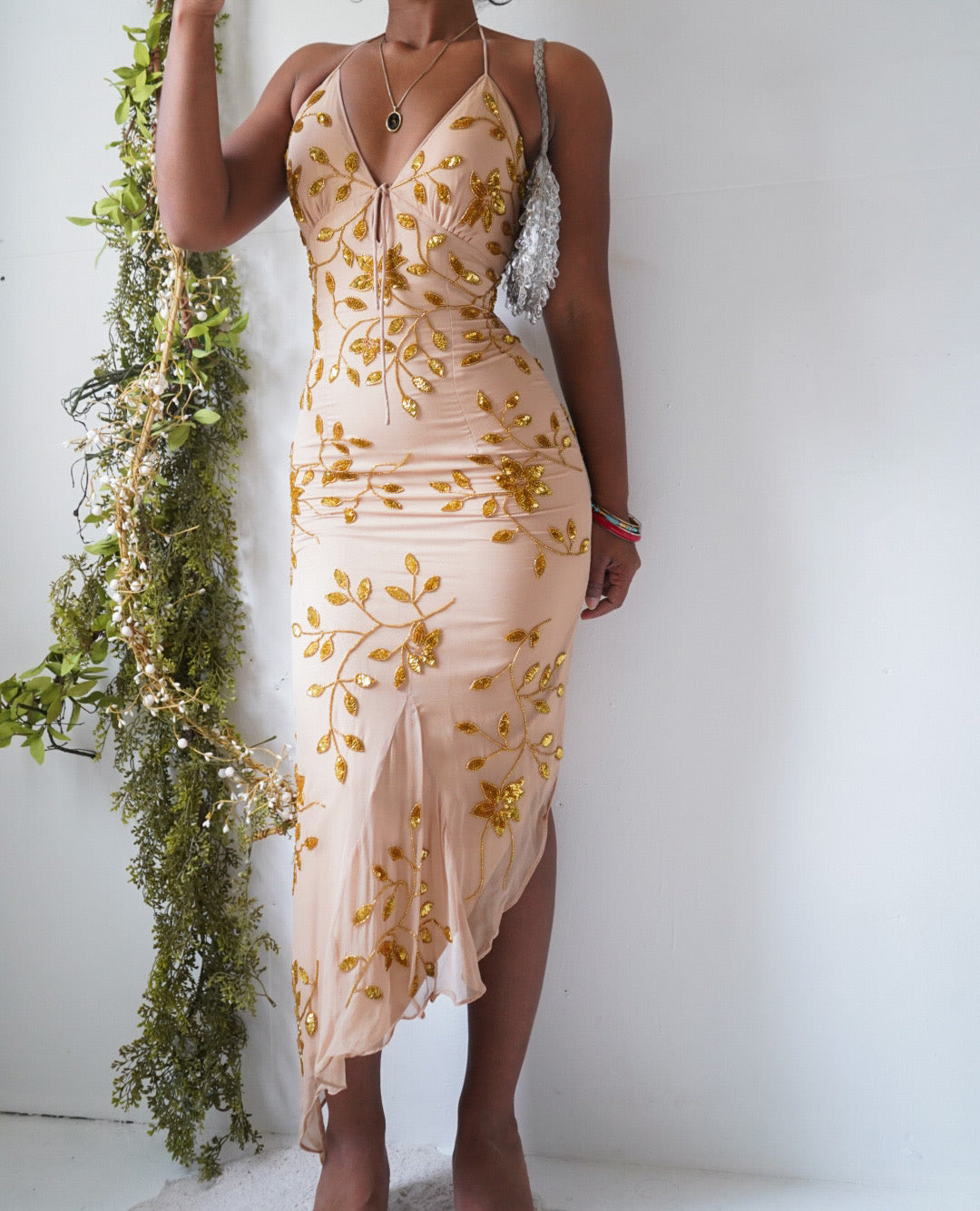 Vintage Tan and Gold Silk Floral Beaded Halter Dress