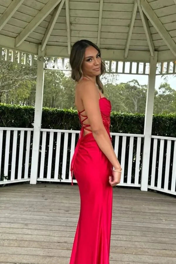 Elegant Mermaid Sweetheart Neck Spaghetti-Strap Lace-Up Back Ruched Satin High-Slit Prom Dress