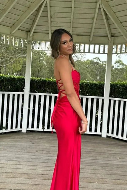 Elegant Mermaid Sweetheart Neck Spaghetti-Strap Lace-Up Back Ruched Satin High-Slit Prom Dress