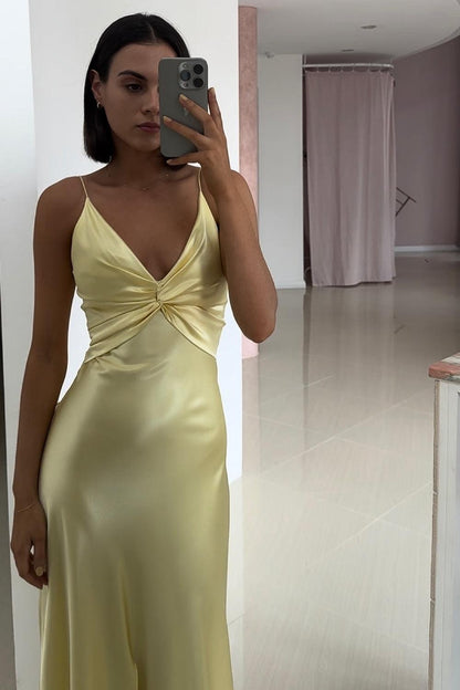 Elegant Yellow V-Neck Back Satin Gown With Front Twist Formal Evening Gown