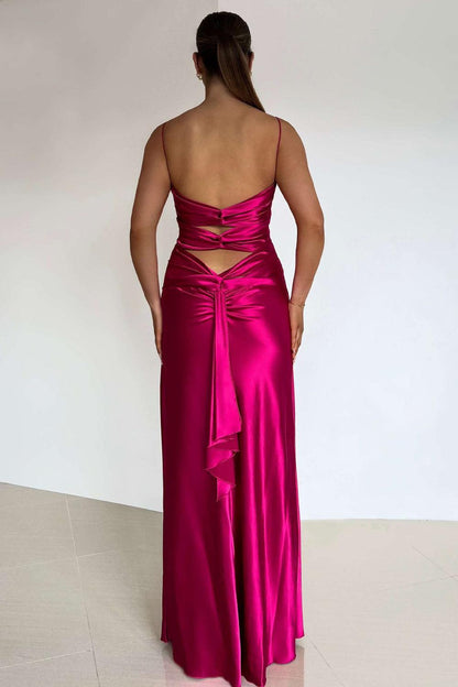 Elegant Yellow V-Neck Back Satin Gown With Front Twist Formal Evening Gown