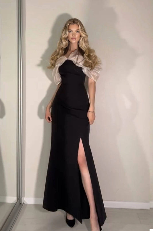 Elegant Black Off-The-Shoulder Split Mermaid Evening Dress