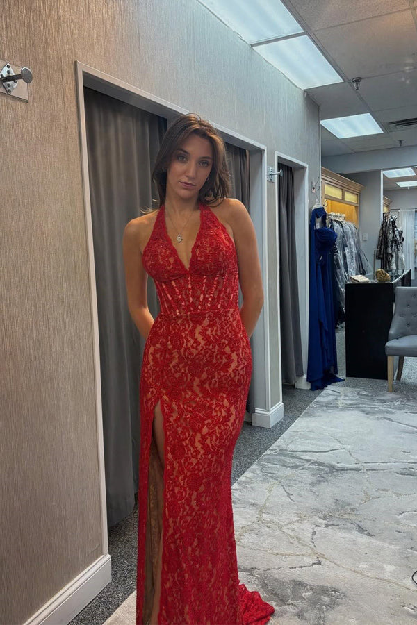 Elegant Halter Lace Applique Mermaid Red Prom Dress with Slit